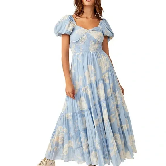 Free People Floral Print Sweetheart Neck Short Puff Sleeve Blue Maxi Dress Sz M - Picture 1 of 5
